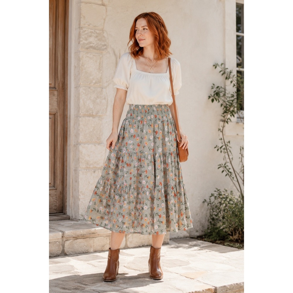Boho Cottagecore Prairie Cowgirl Green Floral TieredCotton Smocked M Midi Skirt
